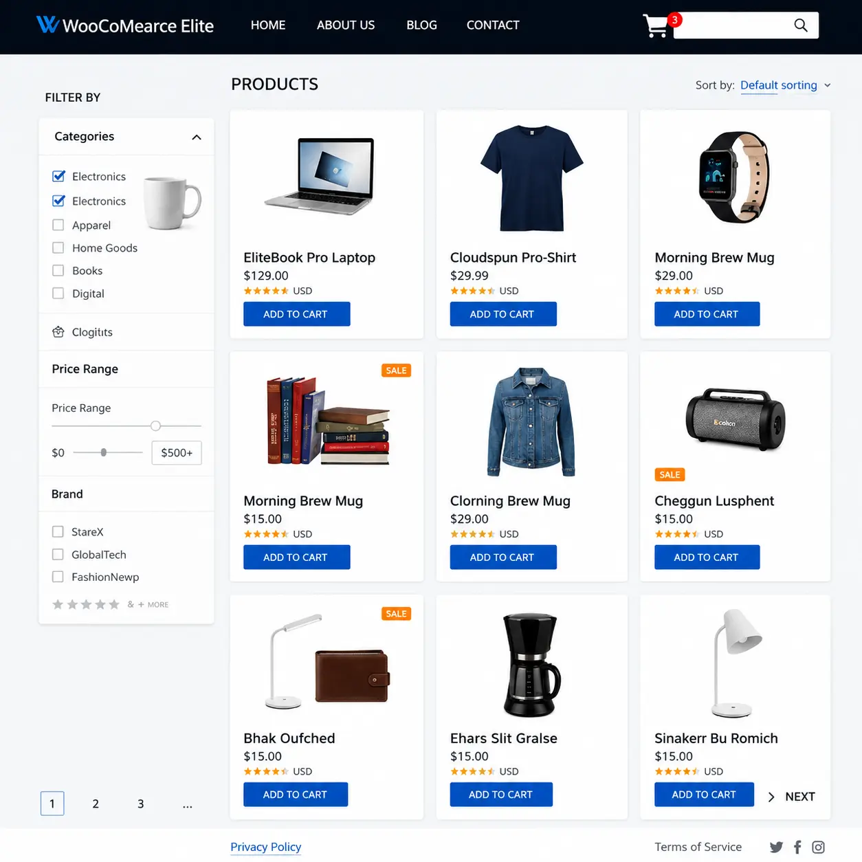 Ecommerce product listing with filters