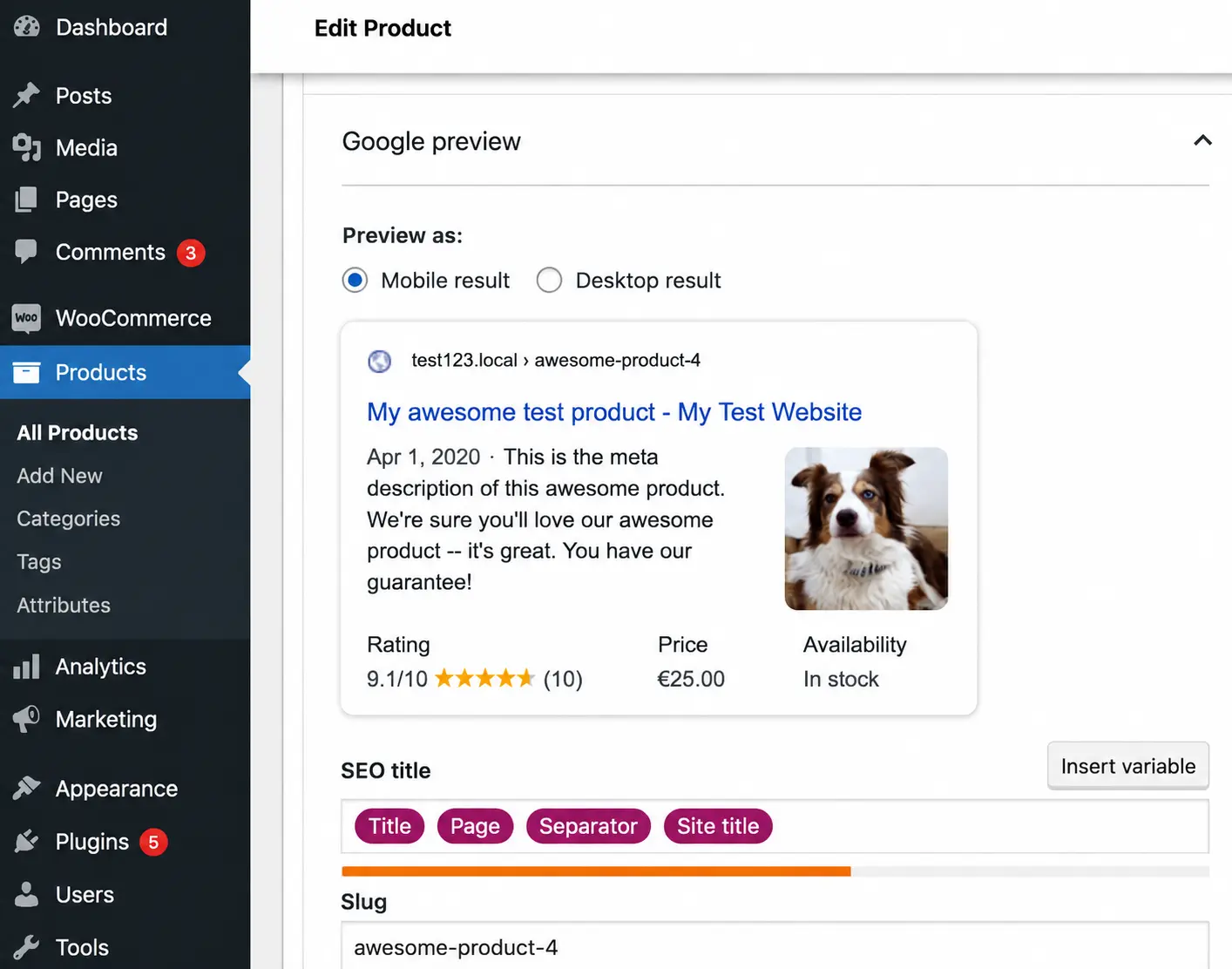WooCommerce product Google search preview