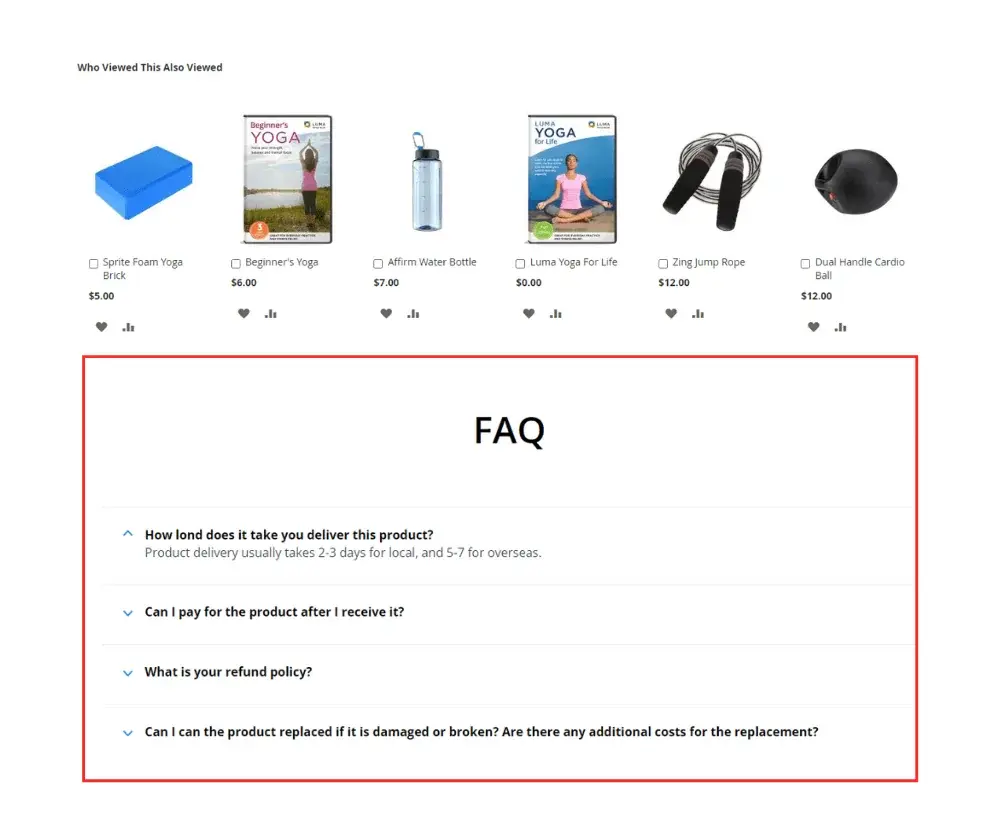 Product Page FAQ section