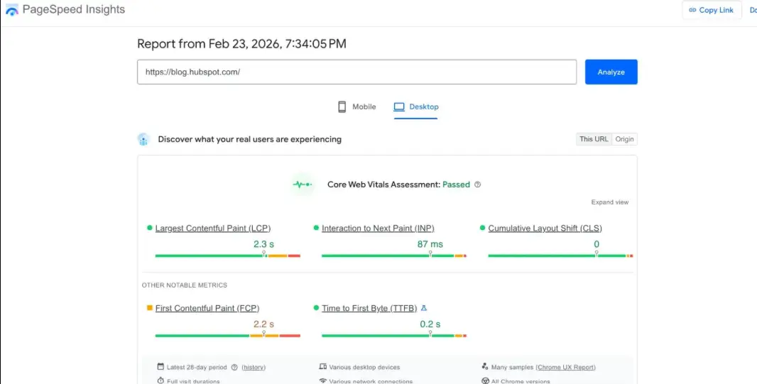 PageSpeed Insights Core Web Vitals report