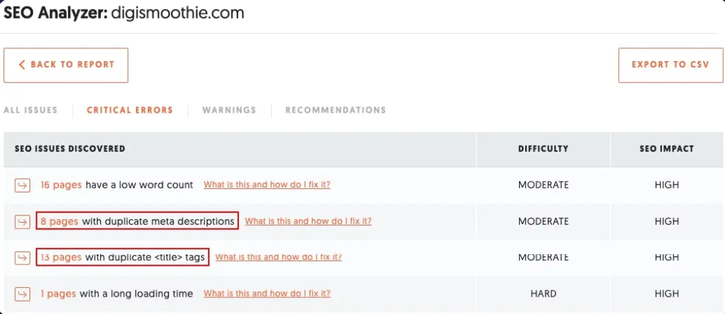 SEO audit showing duplicate metadata issues