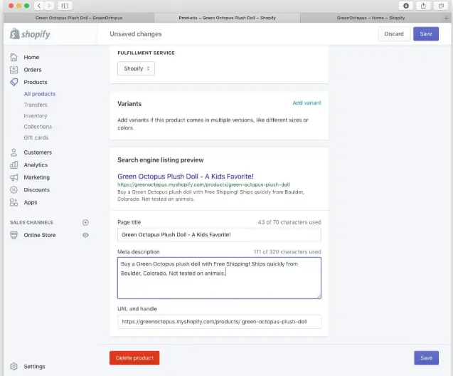Shopify product search listing preview