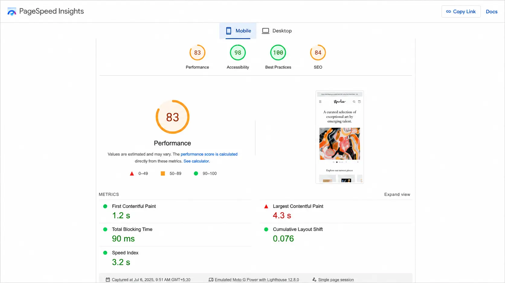 PageSpeed Insights mobile performance report