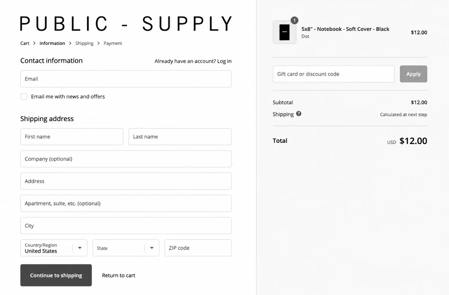 Shopify checkout shipping information form