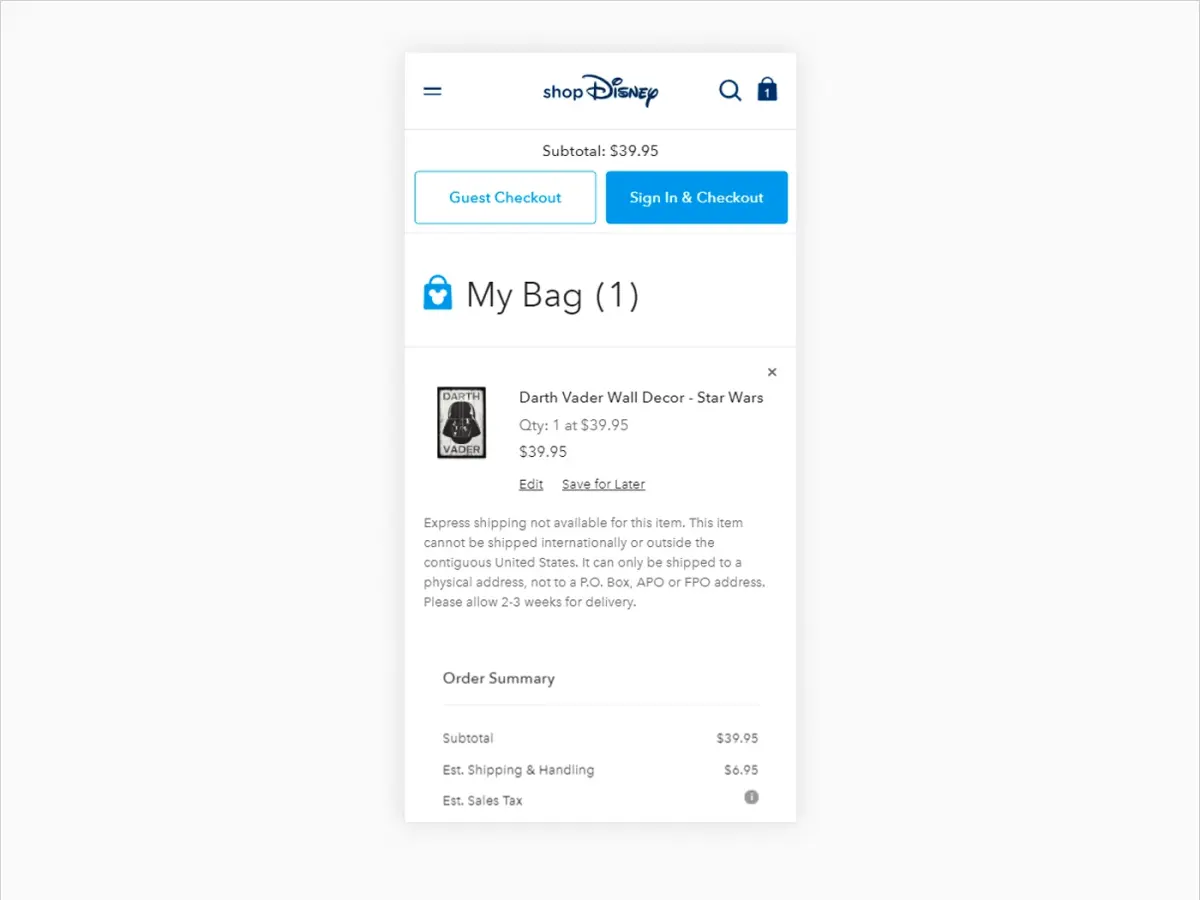 Shop Disney mobile checkout cart