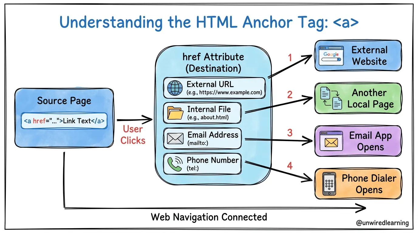 HTML anchor tag linking to websites, files, email, and phone