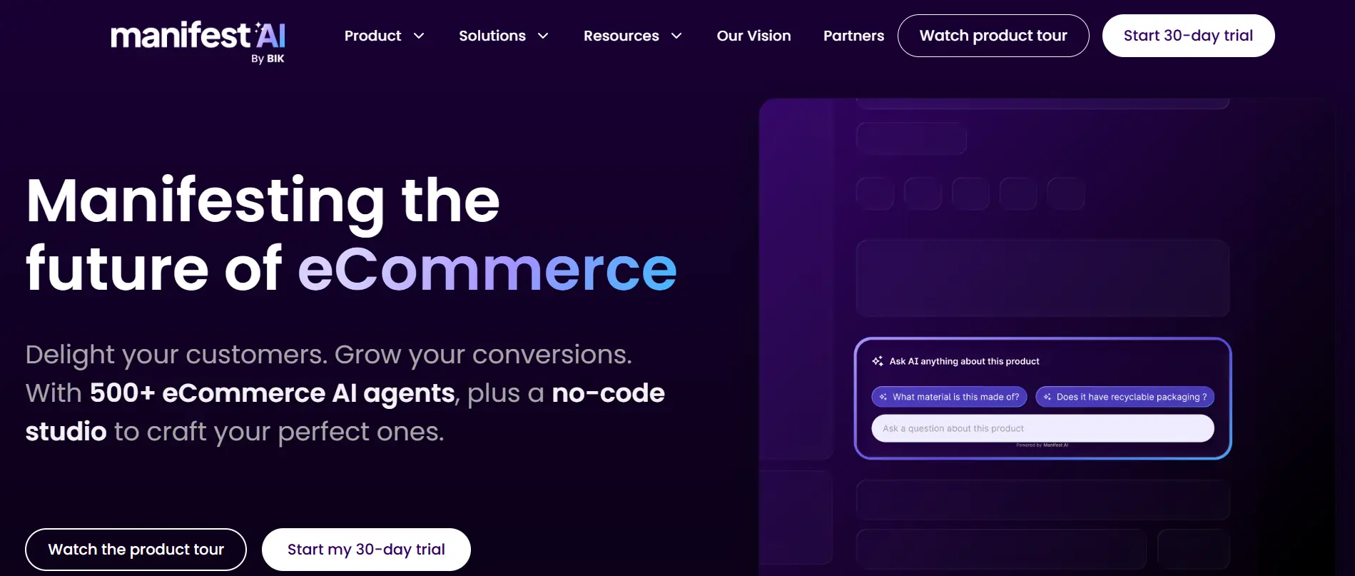 Manifest AI ecommerce platform homepage