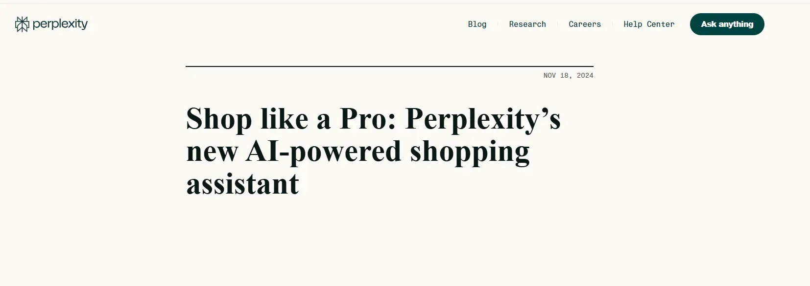 Perplexity AI shopping announcement page
