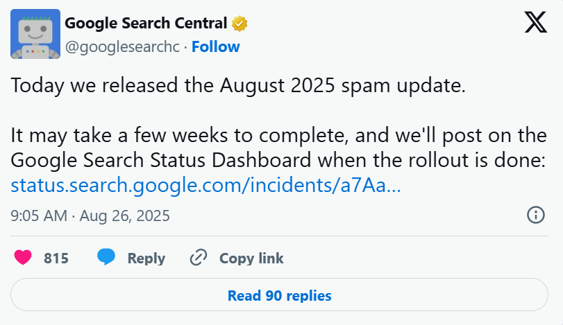 Google Search Central post on Aug'25 Spam Update