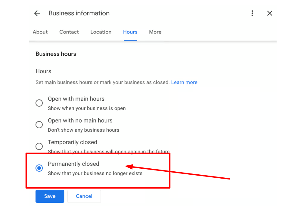 Permanently Closed business from Google profile