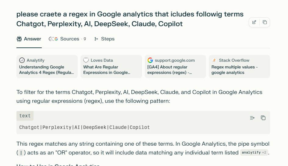 create a regex in Perplexity for GA4 traffic