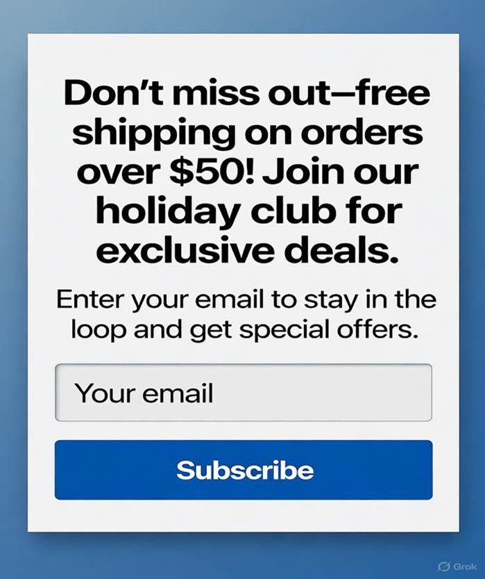 Email subscription popup offering free shipping on orders over $50 and exclusive holiday deals with a subscribe button.