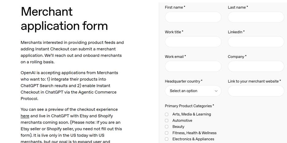 Merchant Application Form for ChatGPT Instant Checkout