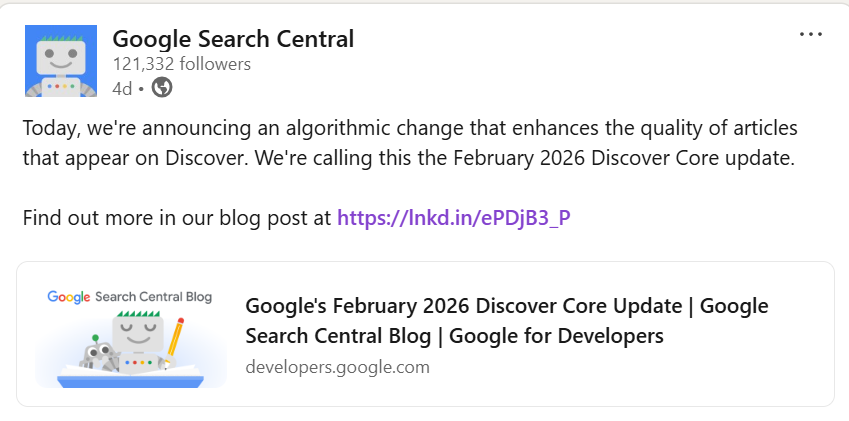 Google Discover Update on Linkedin