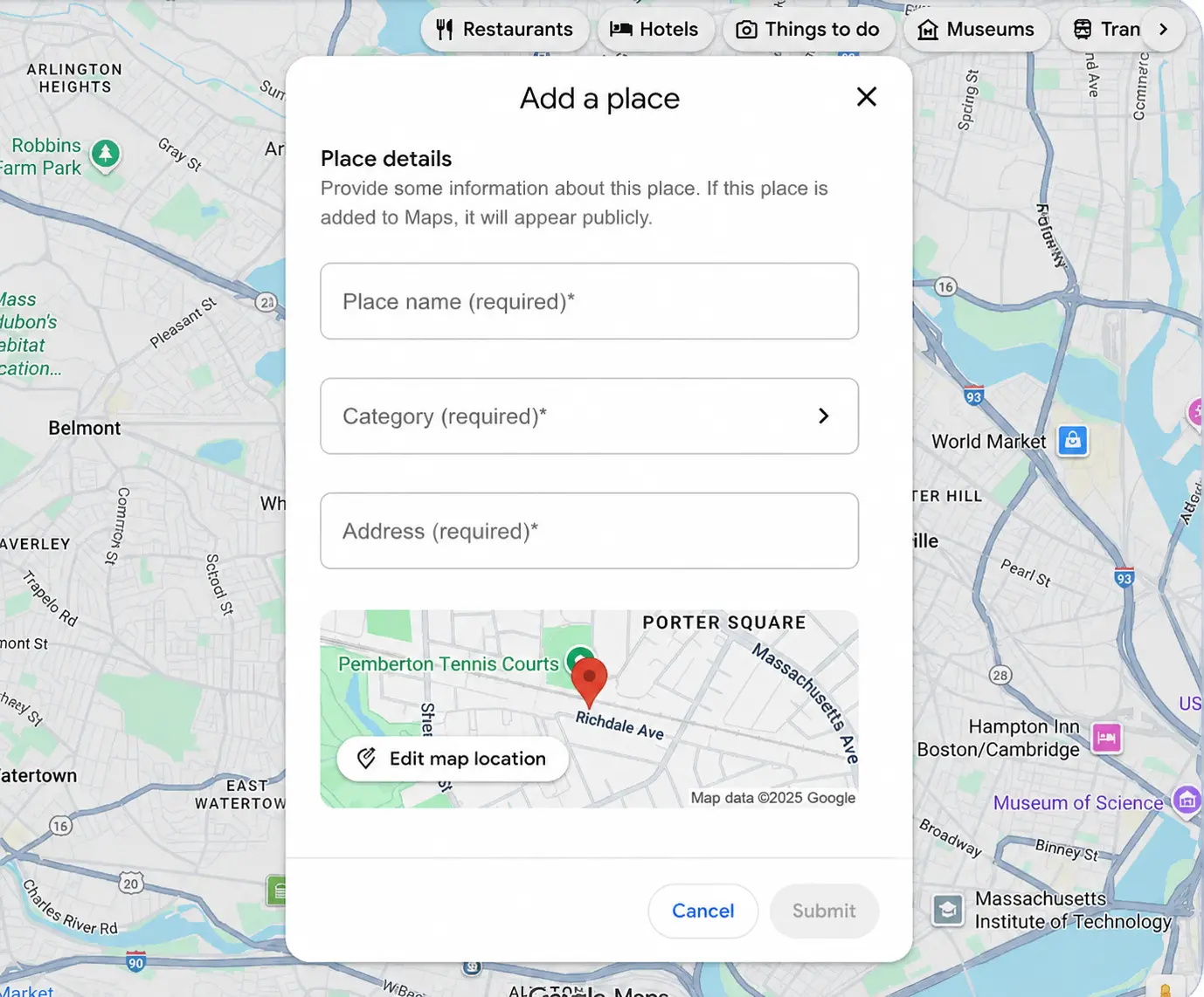 Google Maps form to add a new business location