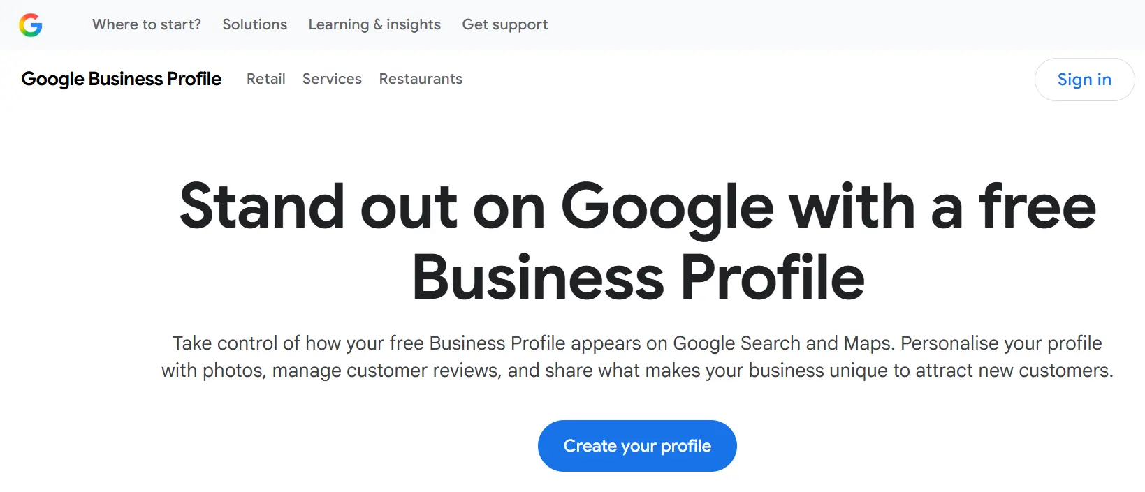Google Business Profile page for creating a business listing