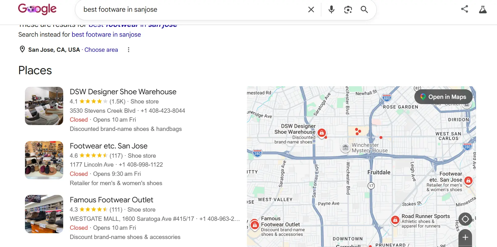 Google Maps showing local business search results with listings