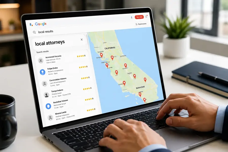 Google local search results for attorneys