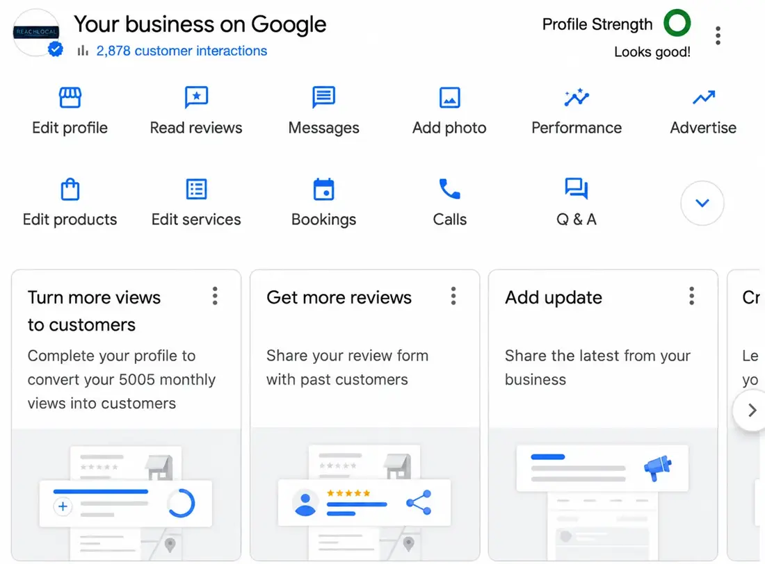 Google Business Profile dashboard with review tools