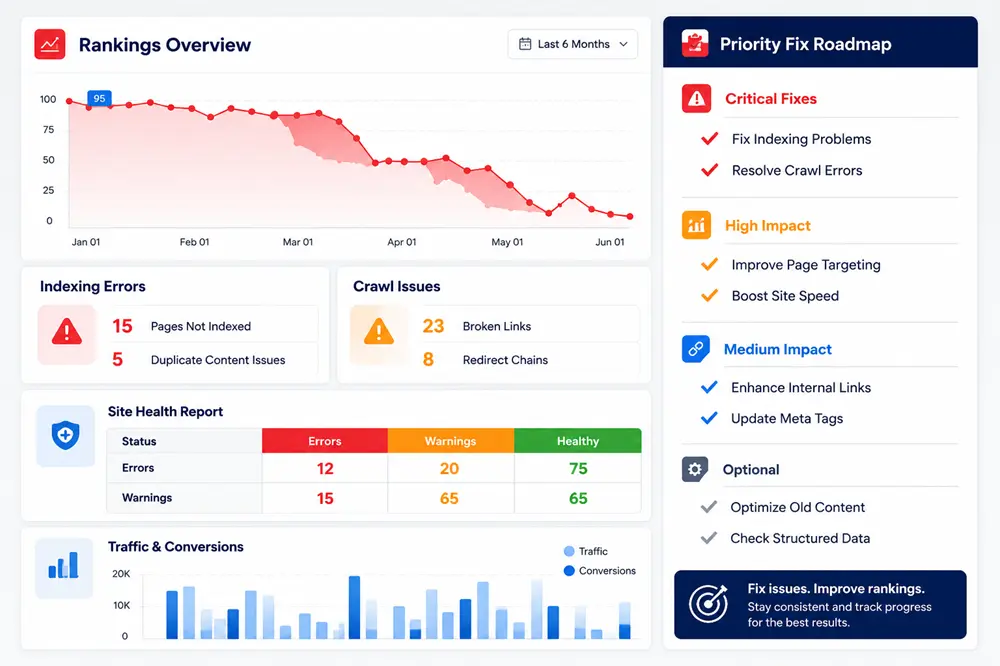 SEO audit report showing indexing and crawl issues
